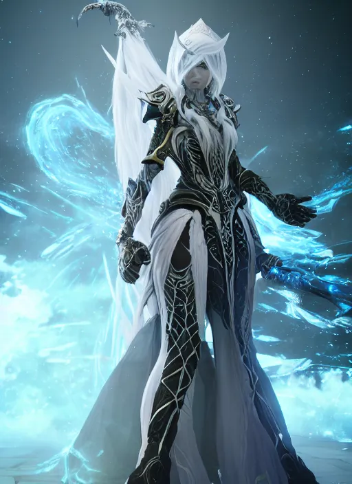 Image similar to photo of a sorceress near mage tower, warframe armor, epic, magical dress, fantasy, white hair, trees, village far away, interesting angle, sharp focus, 8 k high definition, insanely detailed, intricate, intelligent, art by akihiko yoshida and shirotaka