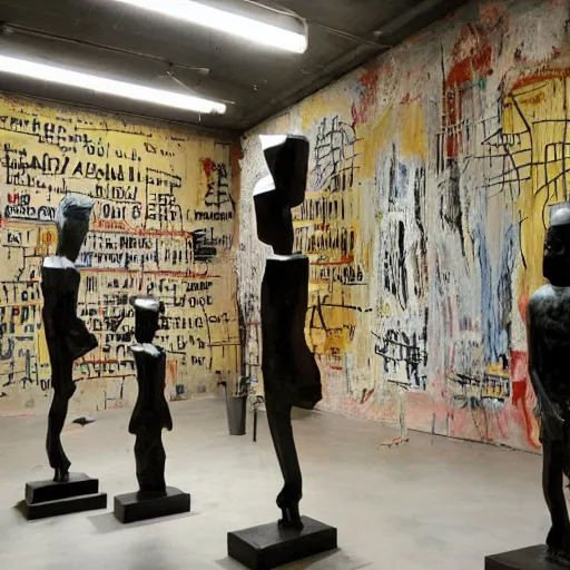 Prompt: a room full of bronze Jean-Michel Basquiat statues