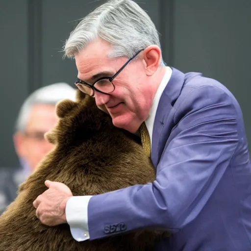 Image similar to Jerome Powell hugging a bear