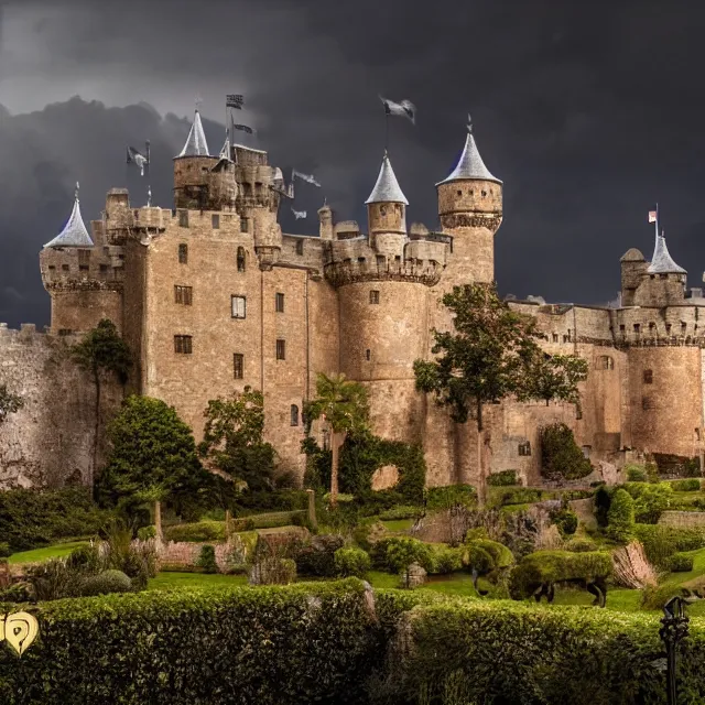 Image similar to hyper realistic photo, well maintained castle with moody lighting, far away - shot from the front gate courtyard with lightning in the background