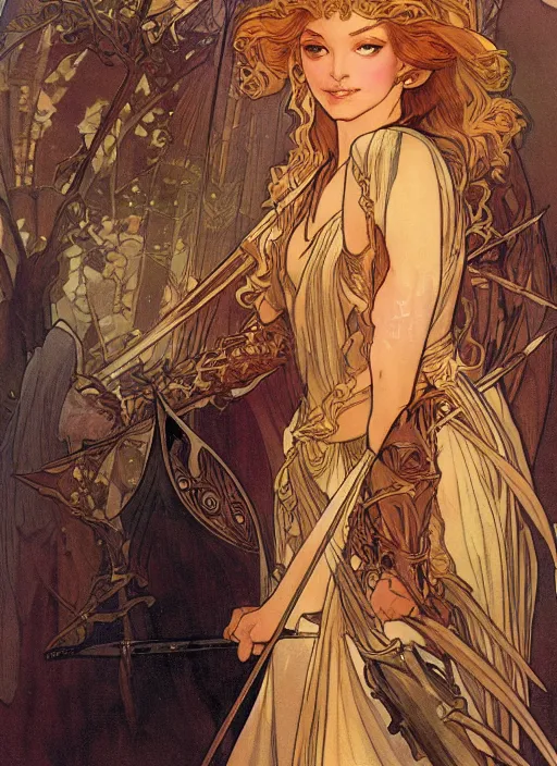 Image similar to galadriel in the slumps brown skin golden hair brown leather armor high fantasy dnd smooth sharp focus illustration by rossdraws, alphonse mucha frank fanzzeta