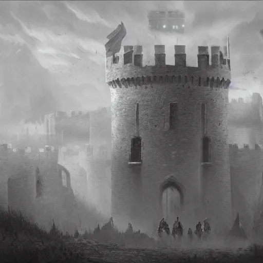 Image similar to pencil art, distant shot, realistic, cinematic, hyper detailed, smooth, hero walking up to the castle to fight an evil army.