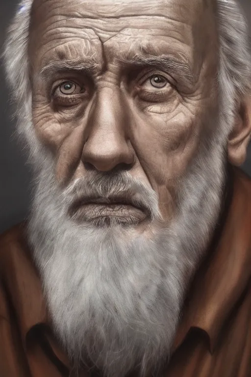 Prompt: a portrait of an old man with a solemn look and deep expression in his eyes, airbrush painting, highly detailed, strong lighting, cinematic, HD, 4K
