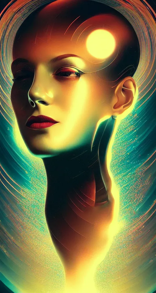 Image similar to art deco close up portait of head surrounded by spheres, like a dream digital painting cinematic dramatic fluid lines otherworldly vaporwave interesting details epic composition by artgerm