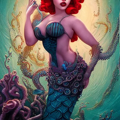 Image similar to lofi underwater mermaid biopunk bioshock portrait of scarlett johansson, octopus, Pixar style, by Tristan Eaton Stanley Artgerm and Tom Bagshaw.