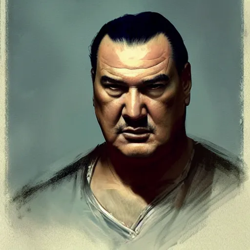 Image similar to sad steven seagal in jail cell, intricate, highly detailed, digital painting, artstation, concept art, smooth, sharp focus, illustration, art by greg rutkowski, patriotic!