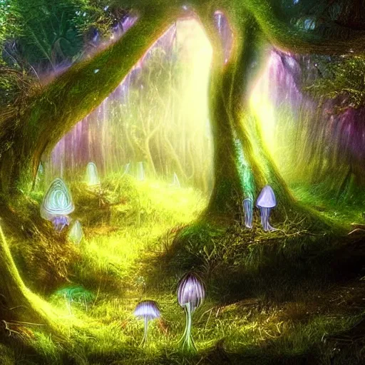 Image similar to fairy forest, wisps, landscape, magical, surreal, light shafts, light diffusion, heaven, oasis, fungal, mushrooms, fairies, jellyfish