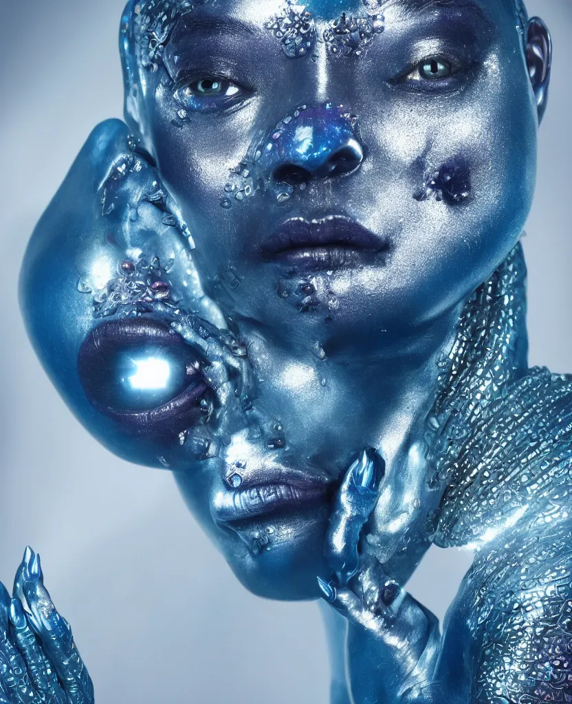 a beautiful body painting model with a blue armour painted on