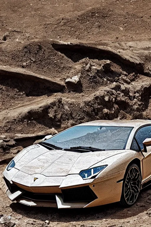 Image similar to Fossilized Lamborghini Aventador found in ancient archeological dig, national geographic photo.