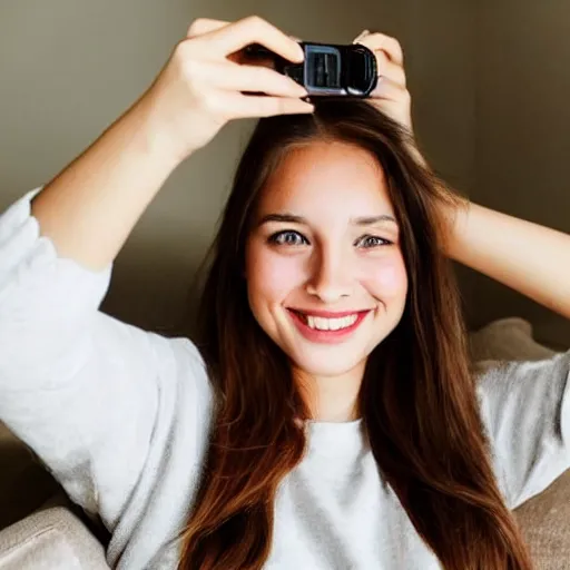 Image similar to Photograph of a cute young woman taking a selfie, long shiny bronze brown hair, full round face, emerald green eyes, medium skin tone, light cute freckles, smiling softly, wearing casual clothing, relaxing on a modern couch, interior lighting, cozy living room background, close-up shot, trending on Instagram, Pinterest