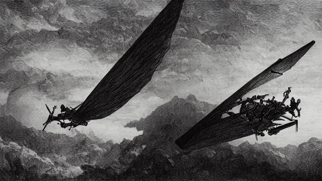 Prompt: drawing of an ornithopter flying toward a desert storm, by gustave dore, nineteenth century, black and white, vintage, science fiction, epic composition, dramatic lighting, highly detailed, cinematic