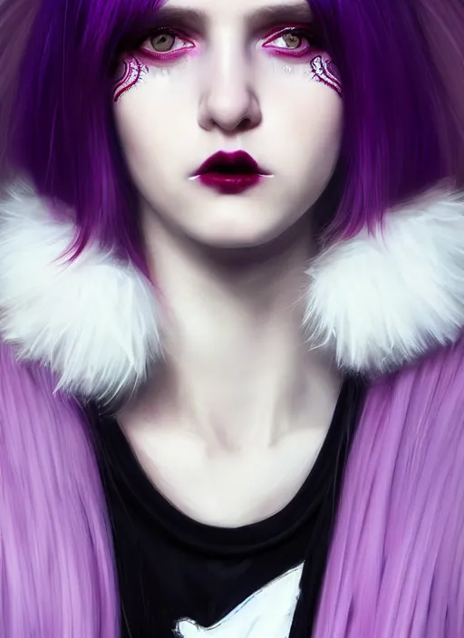 Image similar to portrait of white teenage girl, normal face, white bangs, mall goth, cyberlox, black and white hair, bangs, fluffy bangs, red contact lenses, purple lipstick, intricate, elegant, highly detailed, digital painting, artstation, concept art, sharp focus, smooth, illustration, art by wlop, mars ravelo and greg rutkowski