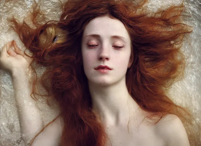 Image similar to Kodak Portra 400, 8K, soft light, volumetric lighting, highly detailed, britt marling style 3/4 by Giovanni Gastel , extreme Close-up portrait photography of a beautiful woman how pre-Raphaelites with her eyes closed,inspired by Ophelia by Martin Stranka , the face emerges from water of Pamukkale, underwater face, hair are intricate with highly detailed realistic beautiful brunches and flowers like crown, Realistic, Refined, Highly Detailed, soft blur background, outdoor soft pastel lighting colors scheme, outdoor fine art photography, Hyper realistic, photo realistic