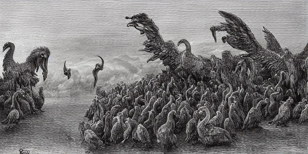 Image similar to cerberus with angry geese as its heads, guarding the gates of hell, art by gustave dore