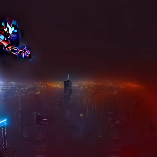 Prompt: a hyperdetailed photograph of iron man flying through the skies!!, cyberpunk, futuristic city, night, dense fog, rain, hd, 8 k resolution