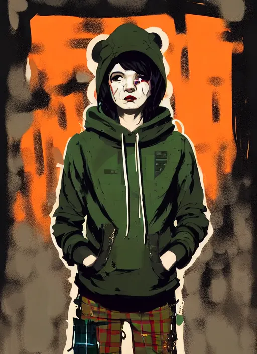 Prompt: highly detailed portrait of a sewer punk seattle lady, tartan hoody, by atey ghailan, by greg rutkowski, by greg tocchini, by james gilleard, by joe fenton, by kaethe butcher, gradient green, brown, blonde crea, orange, brown and white color scheme, grunge aesthetic!!! ( ( graffiti tag wall background ) )