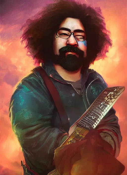 Prompt: An epic fantasy comic book style portrait painting of Jerry Garcia, fisheye lens, unreal 5, DAZ, hyperrealistic, octane render, cosplay, RPG portrait, dynamic lighting