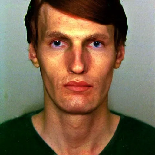 Prompt: A mugshot portrait of a man who looks like Jerma985 with medium length wavy hair, a combover and wearing late 1970s menswear in the late 1970s, taken in the late 1970s, grainy, realistic, hyperrealistic, very realistic, highly detailed, very detailed, extremely detailed, detailed, digital art, trending on artstation, front facing, front view, headshot and bodyshot, detailed face, very detailed face