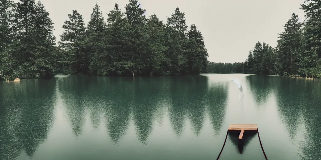 Prompt: symmetrical photograph of a very long rope on the surface of the water, the rope is snaking from the foreground stretching out towards the center of the lake, a dark lake on a cloudy day, trees in the background, moody scene, dreamy kodak color stock, anamorphic lens