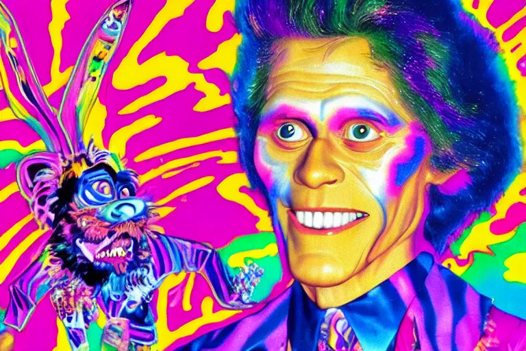 Prompt: lisa frank painting of willem dafoe at showbiz pizza 1 9 8 9