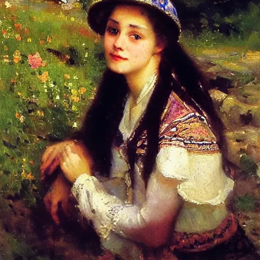 Prompt: a portrait of a young woman in a scenic environment by nikolay makovsky