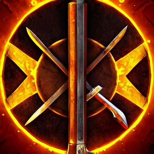 Image similar to game - icon of sword and axe crossed on a prism, red powerful fantasy epic legends, game icon stylized, digital illustration radiating, a glowing aura, global illumination, ray tracing, 8 k high definition, intricate details, octane render, unreal engine, trending on arstation