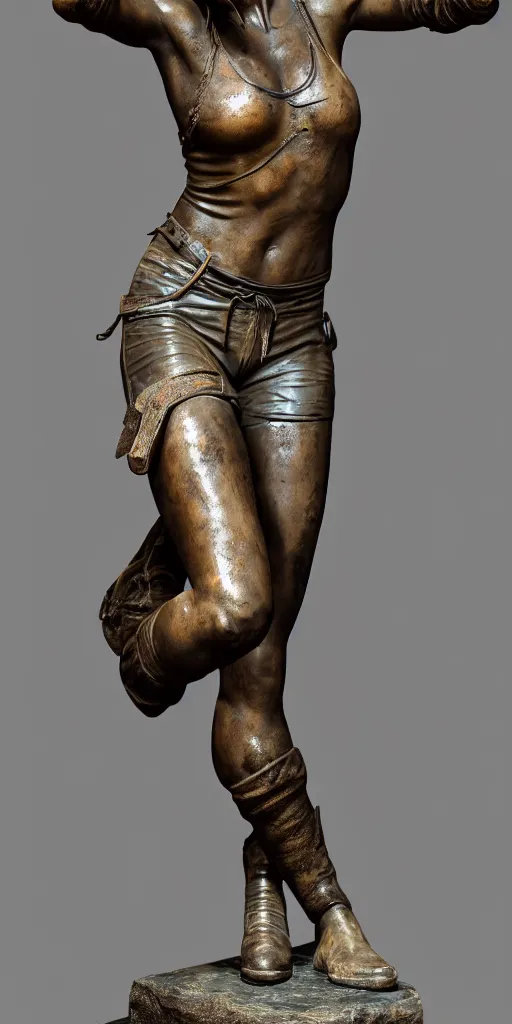 Prompt: detailed photo of an old bronze patina statue of beautiful lara croft posing for a full body portrait, photorealism, intricate detail, museum diffuse lighting