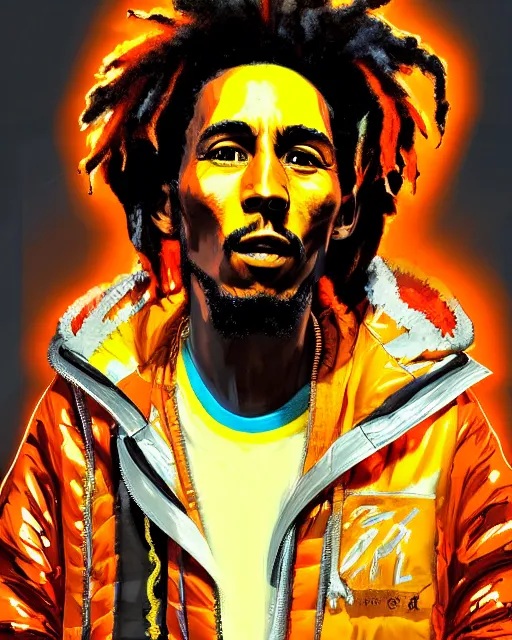 Prompt: detailed full body portrait of Bob Marley, cyberpunk futuristic neon, orange reflective puffy coat, decorated with traditional Japanese ornaments by Ismail inceoglu dragan bibin hans thoma greg rutkowski Alexandros Pyromallis Nekro Rene Maritte Illustrated, Perfect face, fine details, realistic shaded, fine-face, pretty face