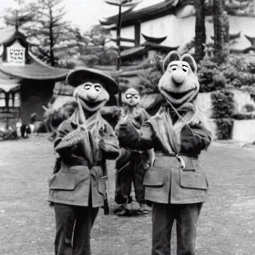 Image similar to old photo of muppets wearing japanese soldier gear