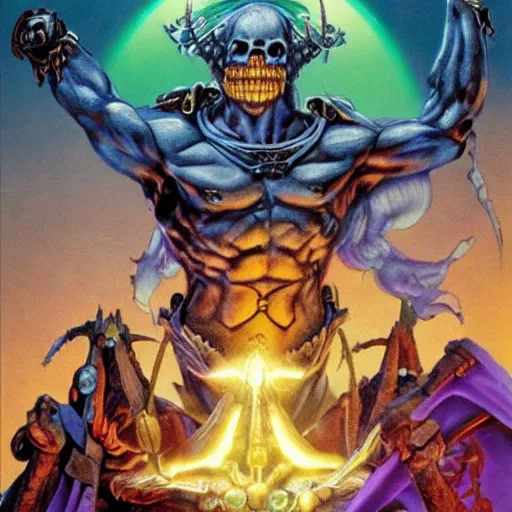 Image similar to masters of the universe, skeletor destroying sacred rainbow gates covered in illuminated Hebrew hieroglyphics