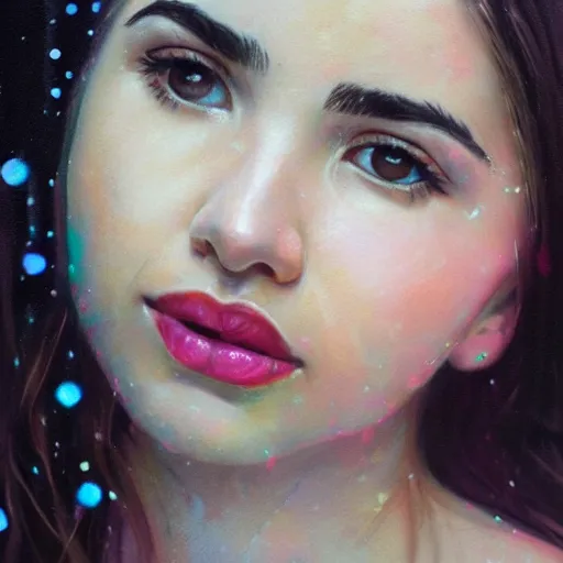 Image similar to cinematic portrait of sofia carson, perfect face, neon rain, delicate, elegant, by alyssa monks, highly detailed, symmetrical face, fine details, masterpiece, trending on artstation