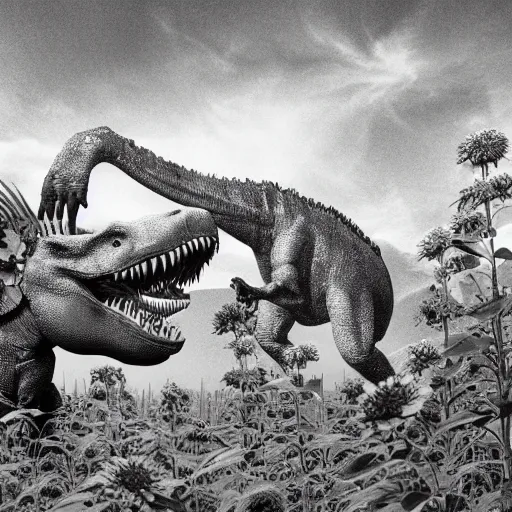 Image similar to Tyrannosaurus rex giving a high five to a caveman in a field of sunflowers, realistic, photograph, monochrome, Ansel Adams, HD