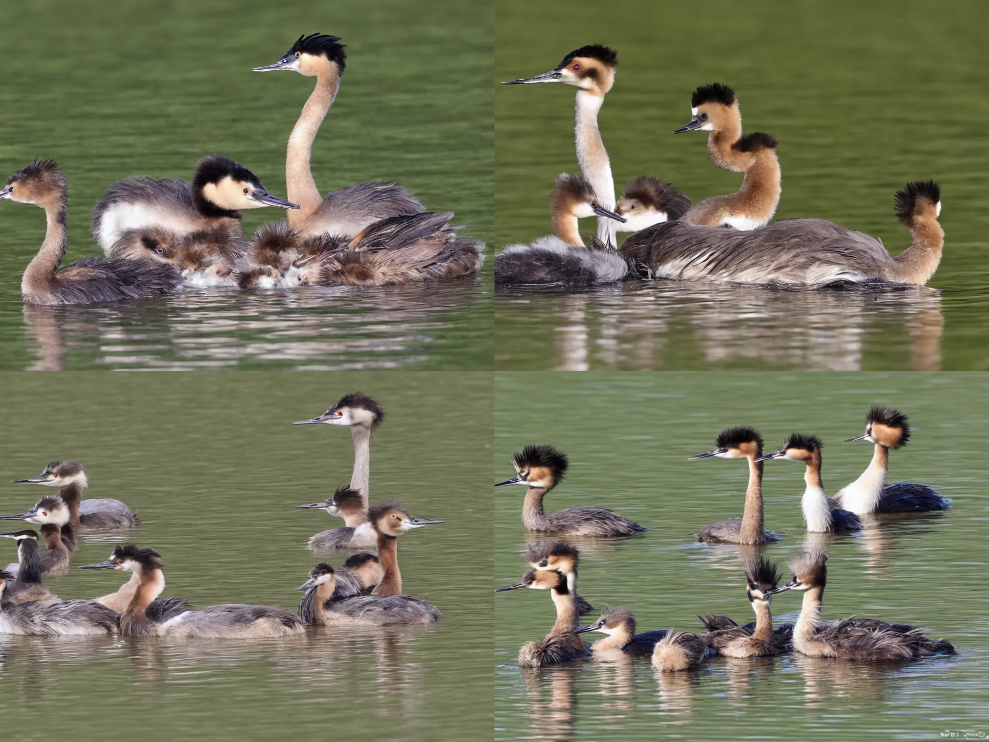 Prompt: Great crested grebe with young