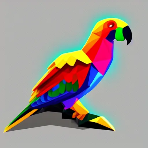 Image similar to isometric vector low poly rainbow parrot icon, black background, cgsociety, volumetric lighting, artstationhq