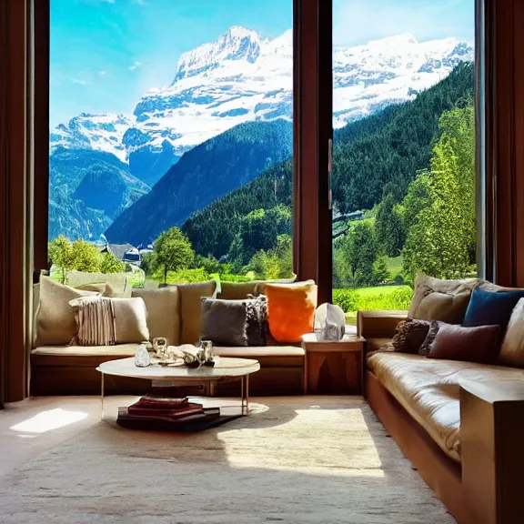 Image similar to fantastical living room with switzerland landscape in the window