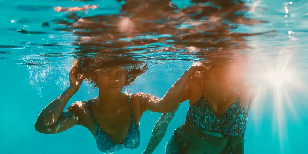 Image similar to portrait of beautiful woman of color in ocean , swimming up to a boat, sun rays ,caustics , 35mm film , cinematic, wide angle view, looking up, underwater photography