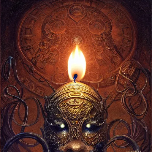 Prompt: low angle shot of a candle by clive barker, intricate, elegant, highly detailed, centered, digital painting, artstation, concept art, smooth, sharp focus, illustration, artgerm, Tomasz Alen Kopera, Peter Mohrbacher donato giancola, Joseph Christian Leyendecker, WLOP, Boris Vallejo.