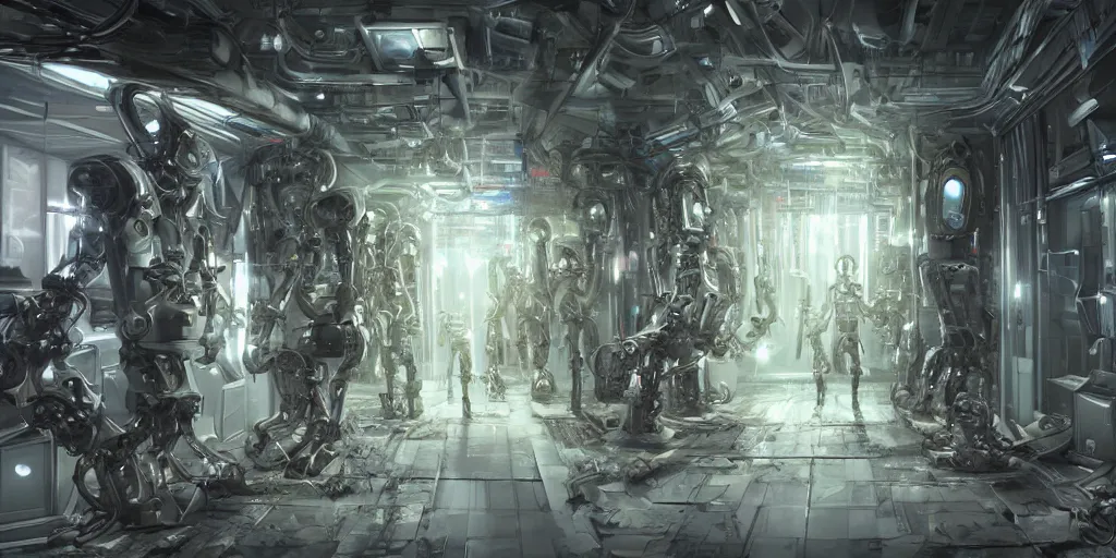 Prompt: robot bionical parallax volumetric coherent colossal ruined server room in datacenter portrait symmetrical face by eddie mendoza blender robot figure automata drone robot welder posing pacing fixing mono sharp focus, emitting diodes, racks, system unit, artstation cgsociety artofmtg hyperrealism cinematic dramatic painting concept art of detailed character design