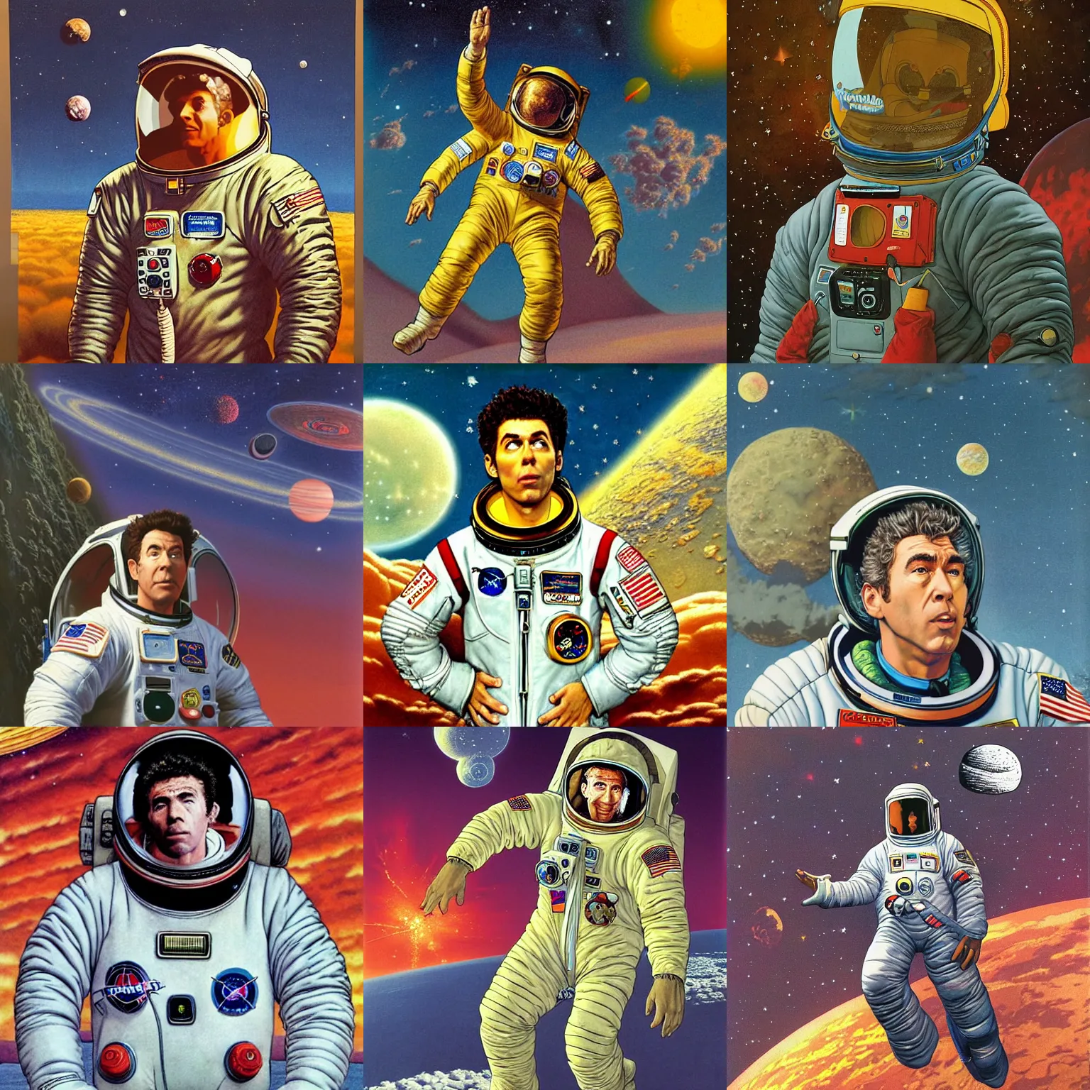 Prompt: kramer as an astronaut in mcdonald's in the style of chris foss, rodger dean, moebius, michael whelan, and gustave dore