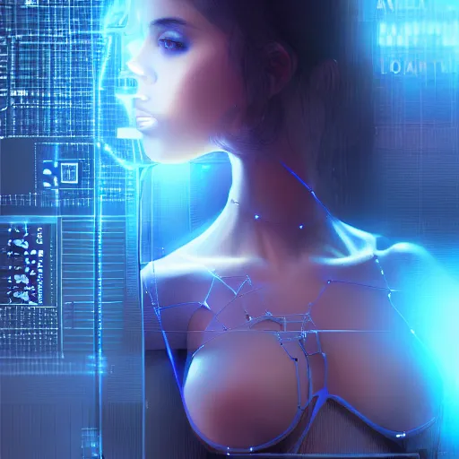 Image similar to artificial intelligence, server in the middle, deep view, heavy blue led lights, wires connected, award winning photography, extremely detailed, artstation, 8 k, sensual lighting, incredible art, wlop, artgerm