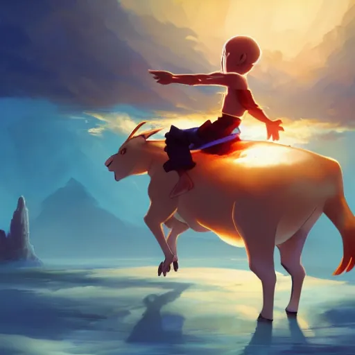 Image similar to aang from avatar the last airbender riding appa, sunset, behance hd by jesper ejsing, by rhads, makoto shinkai and lois van baarle, ilya kuvshinov, rossdraws radiating a glowing aura global illumination ray tracing hdr