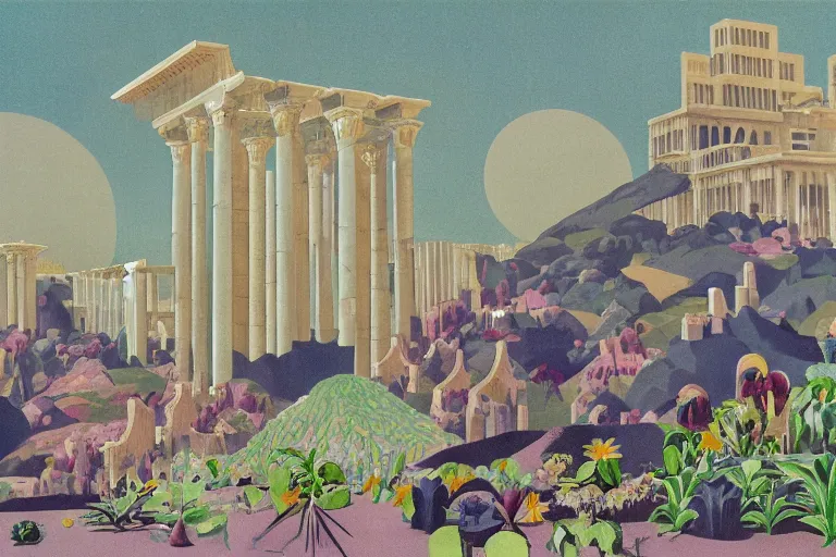 Image similar to night, stars, mecha robot, hanging gardens of babylon, temple of artemis at ephesus, waterfalls, blooming hills with spring flowers and pillars by helen lundeberg