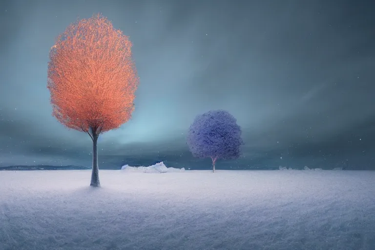 Image similar to a glowing tree made of light on a snow covered field, landscape inspired by salvador dali, a matte painting by li shida, cgsociety, context art, redshift, matte painting, reimagined by industrial light and magic