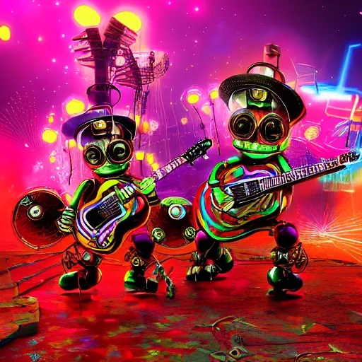 Image similar to album art, bandname is robos rock, rockband with 3 steampunk robots playing guitar and drums, 8 k, flourescent colors, halluzinogenic, multicolored, exaggerated detailed, front shot, 3 d render, octane