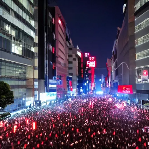 Prompt: Protest in Tokyo. red and Blue lights. People with gas masks. Police cars. 4k hoodies