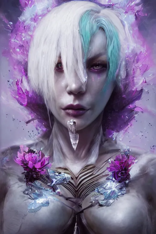 Prompt: ghost in the shell face closeup of beautiful girl necromancer, witch - doctor covered with crystals exploding into ice, 3 d render, hyper realistic detailed portrait, holding magic flowers, ruan jia, wlop. scifi, fantasy, hyper detailed, octane render, concept art, peter mohrbacher