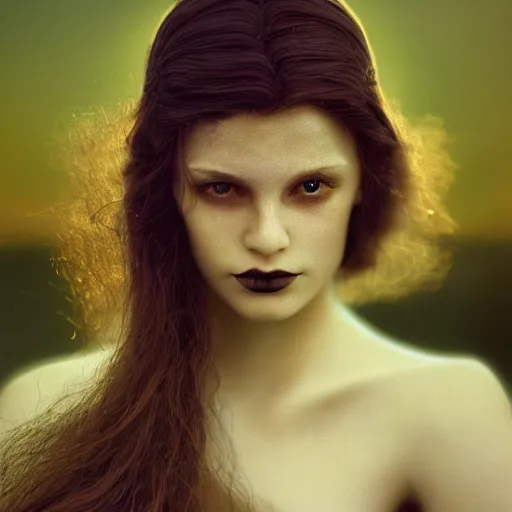 Image similar to portrait of a stunningly beautiful gothic female in soft dreamy light at sunset, by edward robert hughes, annie leibovitz and steve mccurry, david lazar, jimmy nelsson, breathtaking, 8 k resolution, extremely detailed, beautiful, establishing shot, artistic, hyperrealistic, beautiful face, octane render