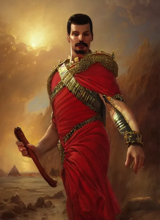 Prompt: formal portrait of freddy mercury as moses parting the red sea. digital art by eugene de blaas, ross tran, and nasreddine dinet, vibrant color scheme, intricately detailed, in the style of romanticism. artstation, greg rutkowski