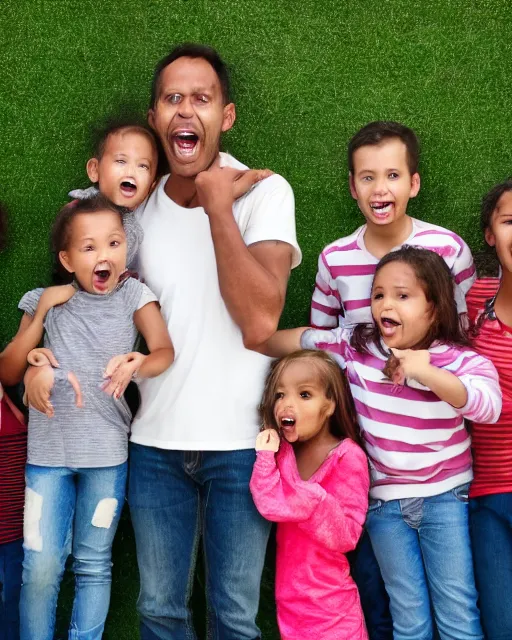 Image similar to a man with five children protecting a jeans and screaming