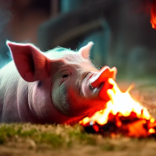 Prompt: Live Action Still of an isolated pig blowing fire fire, real life, hyperrealistic, ultra realistic, realistic, highly detailed, epic, HD quality, 8k resolution, body and headshot, Exquisite detail, post-processing, masterpiece, Cinematic Lighting, Unreal Engine, 8k, HD, white background